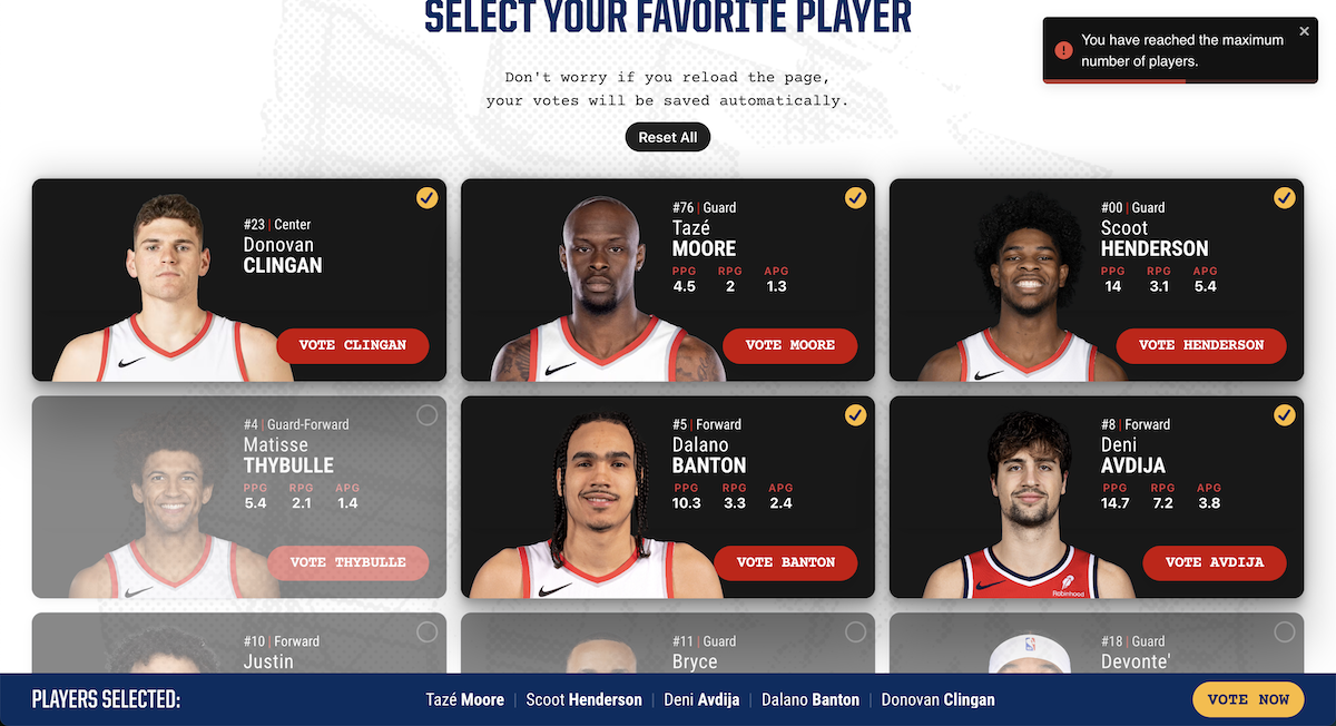 All Star Player Vote Functionality